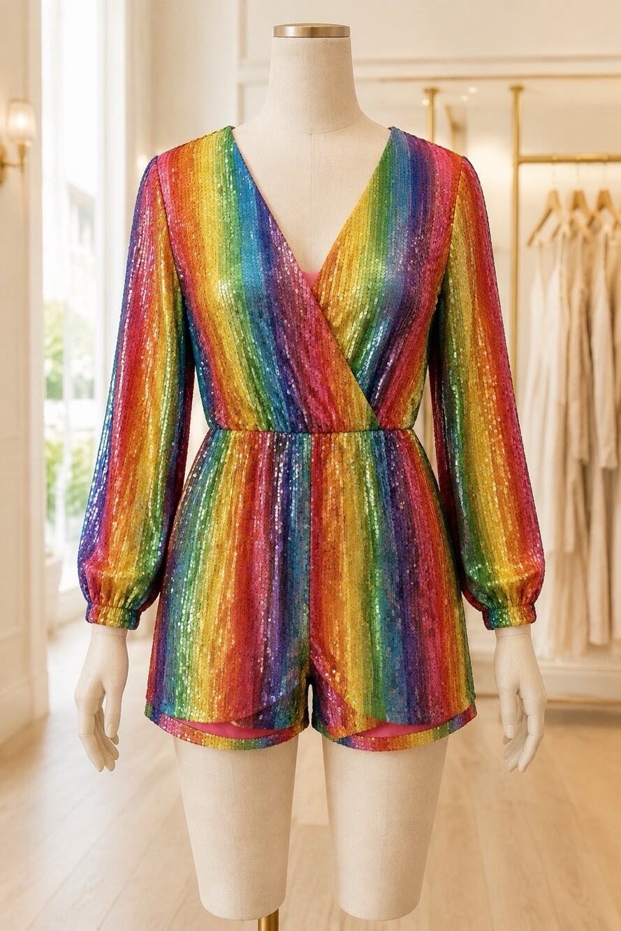 Blue B Women V Neck Lantern Sleeve Multicolor Striped Sequin Short Romper New